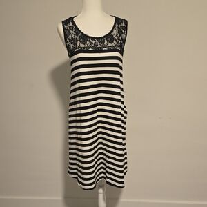 Nina Leonard Black and White Striped Midi Dress